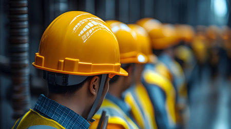 Group of construction workers wearing helmets and vests holding tools. for labor and building themes.の写真素材