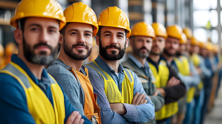 Group of construction workers wearing helmets and vests holding tools. for labor and building themes.の写真素材
