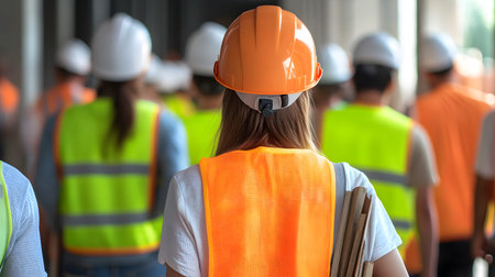 Group of construction workers wearing helmets and vests holding tools. for labor and building...