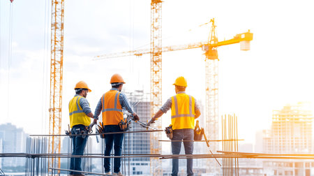 Group of construction workers wearing helmets and vests holding tools. for labor and building themes.の写真素材