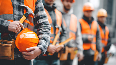 Group of construction workers wearing helmets and vests holding tools. for labor and building...