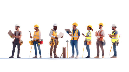 Group of construction workers wearing helmets and vests holding tools. for labor and building themes.の写真素材