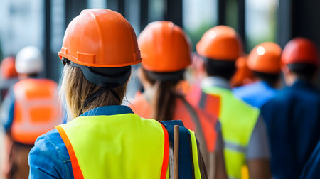 Group of construction workers wearing helmets and vests holding tools. for labor and building themes.の写真素材