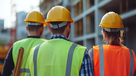 Group of construction workers wearing helmets and vests holding tools. for labor and building...