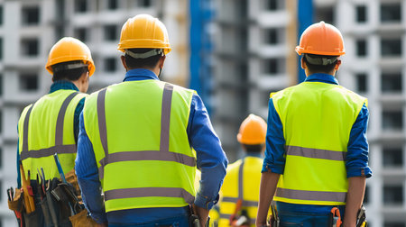 Group of construction workers wearing helmets and vests holding tools. for labor and building...