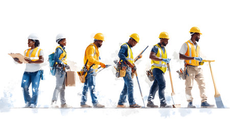 Group of construction workers wearing helmets and vests holding tools. for labor and building themes.の写真素材