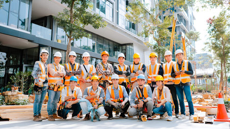 Group of construction workers wearing helmets and vests holding tools. for labor and building...