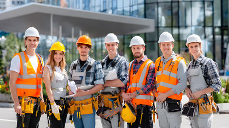 Group of construction workers wearing helmets and vests holding tools. for labor and building themes.の写真素材
