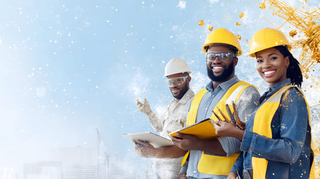 Group of construction workers wearing helmets and vests holding tools. for labor and building...