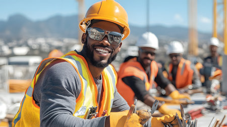 Group of construction workers wearing helmets and vests holding tools. for labor and building themes.の写真素材