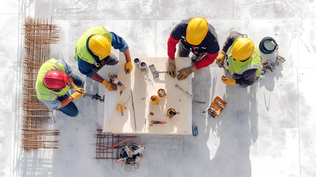 Group of construction workers wearing helmets and vests holding tools. for labor and building themes.の写真素材