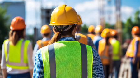 Group of construction workers wearing helmets and vests holding tools. for labor and building...