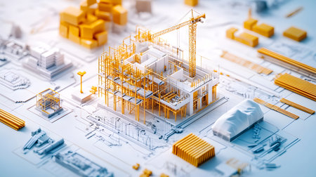 Set of construction materials including bricks, steel, wood, and cement. architecture and building use.の写真素材