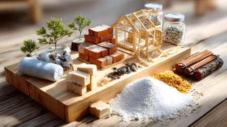 Set of construction materials including bricks, steel, wood, and cement. architecture and building use.の写真素材