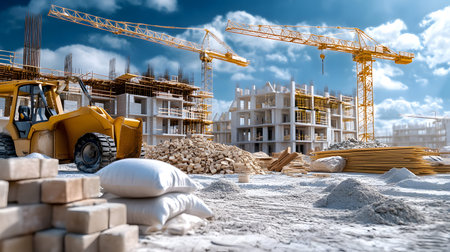 Set of construction materials including bricks, steel, wood, and cement. architecture and building...