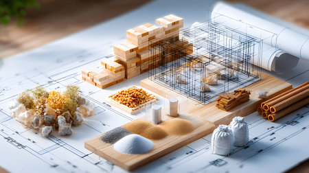 Set of construction materials including bricks, steel, wood, and cement. architecture and building use.の写真素材