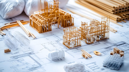 Set of construction materials including bricks, steel, wood, and cement.の写真素材