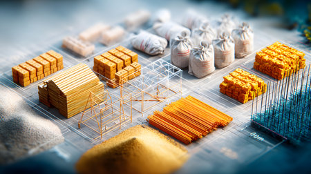 Set of construction materials including bricks, steel, wood, and cement. architecture and building use.の写真素材