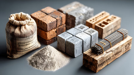 Set of construction materials including bricks, steel, wood, and cement. architecture and building use.の写真素材