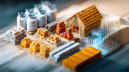 Set of construction materials including bricks, steel, wood, and cement. architecture and building use.の写真素材