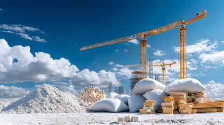 Set of construction materials including bricks, steel, wood, and cement. architecture and building use.の写真素材