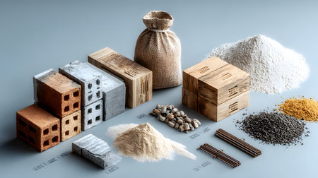 Set of construction materials including bricks, steel, wood, and cement. architecture and building use.の写真素材