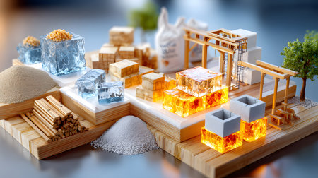 Set of construction materials including bricks, steel, wood, and cement. architecture and building use.の写真素材