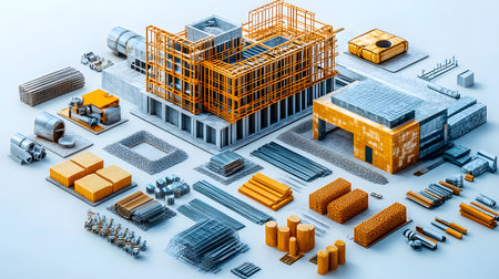 Set of construction materials including bricks, steel, wood, and cement. architecture and building use.の写真素材