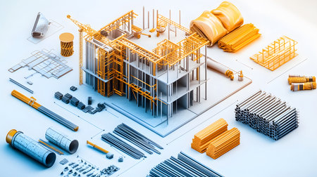 Set of construction materials including bricks, steel, wood, and cement. architecture and building use.の写真素材