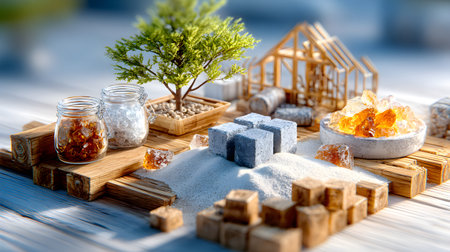 Set of construction materials including bricks, wood, and sand.の写真素材