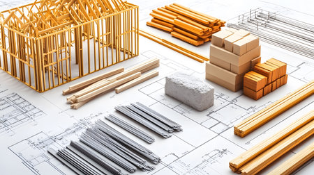 Set of construction materials including bricks, steel, wood, and cement. architecture and building use.の写真素材