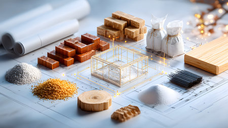 Set of construction materials including bricks, steel, wood, and cement. architecture and building use.の写真素材