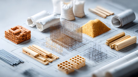 Set of construction materials including bricks, steel, wood, and cement. architecture and building use.の写真素材