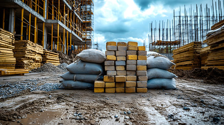 Set of construction materials including bricks, steel, wood, and cement. architecture and building use.の写真素材