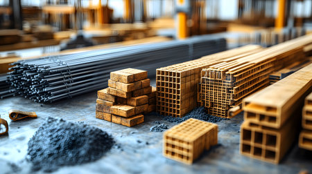 Set of construction materials including bricks, steel, wood, and cement. architecture and building use.の写真素材