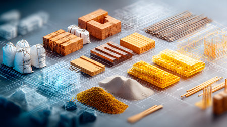 Set of construction materials including bricks, steel, wood, and cement. architecture and building use.の写真素材