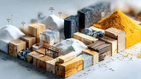 Set of construction materials including bricks, steel, wood, and cement. architecture and building use.の写真素材