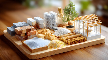 Set of construction materials including bricks, steel, wood, and cement. architecture and building...