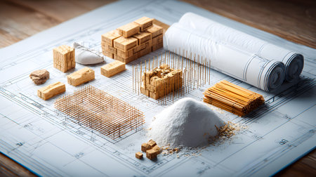Set of construction materials including bricks, steel, wood, and cement. architecture and building...