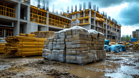 Set of construction materials including bricks, steel, wood, and cement. architecture and building use.の写真素材