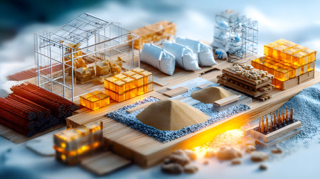 Set of construction materials including bricks, steel, wood, and cement. architecture and building use.の写真素材