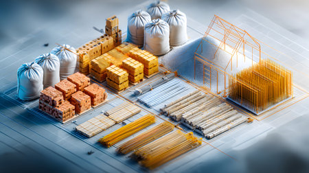 Set of construction materials including bricks, steel, wood, and cement. architecture and building use.の写真素材