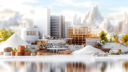 Set of construction materials including bricks, steel, wood, and cement. architecture and building...