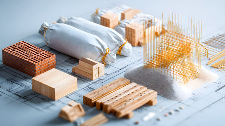 Set of construction materials including bricks, steel, wood, and cement. architecture and building use.の写真素材