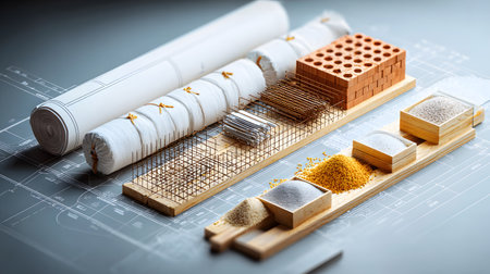 Set of construction materials including bricks, steel, wood, and cement. architecture and building use.の写真素材