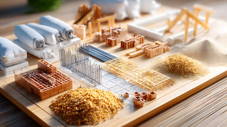 Set of construction materials including bricks, steel, wood, and cement. architecture and building use.の写真素材