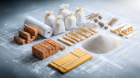 Set of construction materials including bricks, steel, wood, and cement. architecture and building use.の写真素材