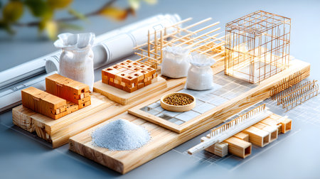 Set of construction materials including bricks, steel, wood, and cement. architecture and building use.の写真素材