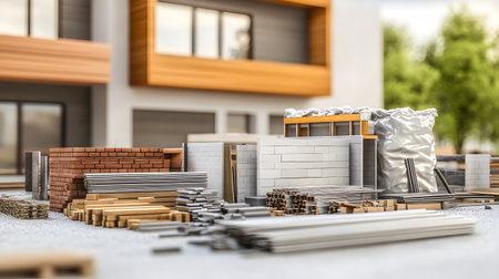 Set of construction materials including bricks, steel, wood, and cement. architecture and building use.の写真素材