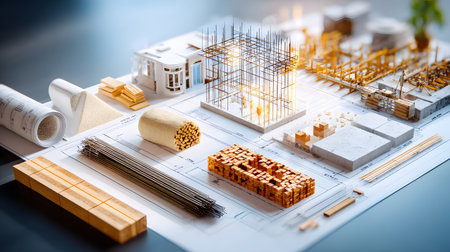 Set of construction materials including bricks, steel, wood, and cement. architecture and building use.の写真素材